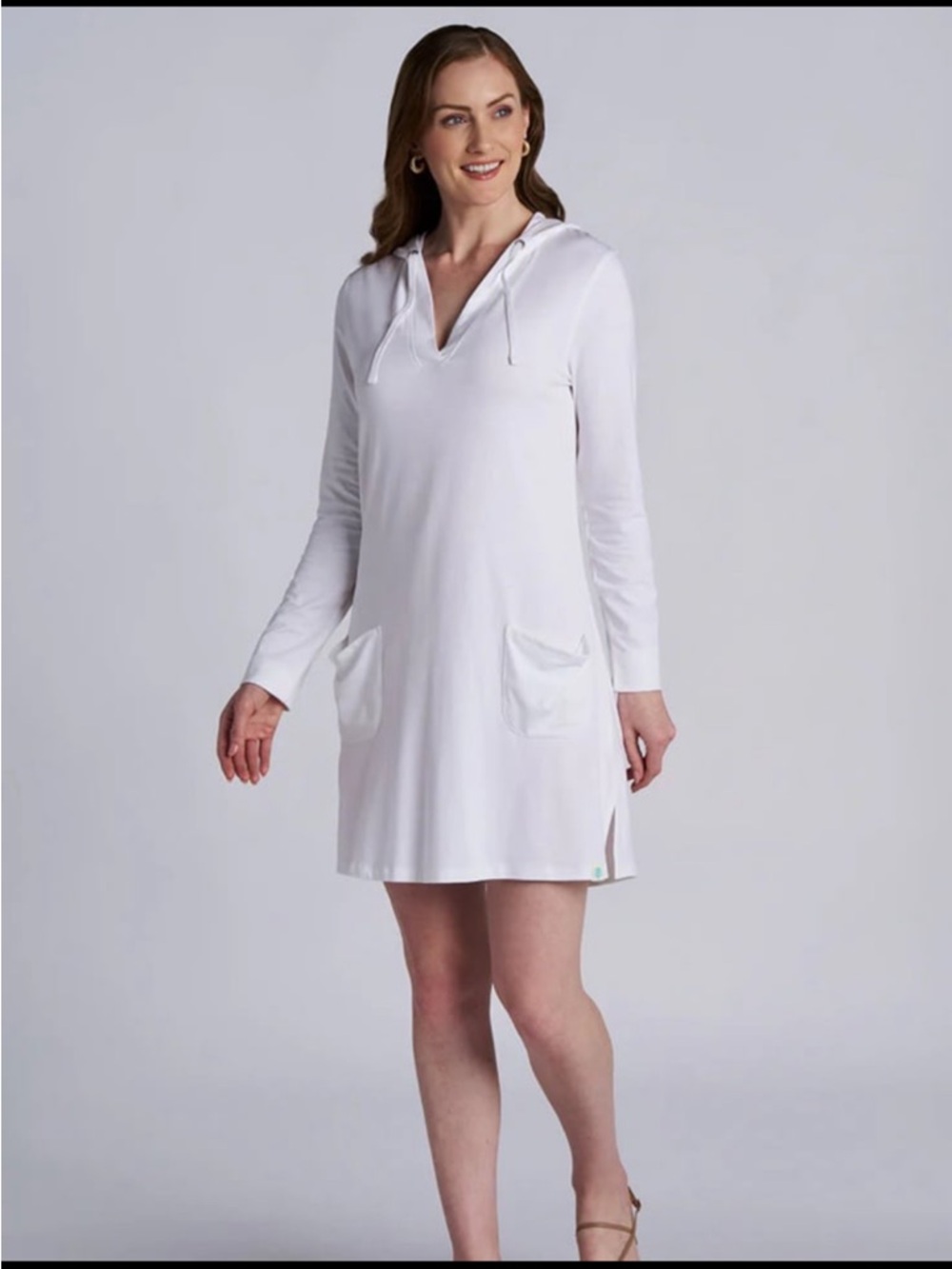 Coolibar Catalina Beach Cover-Up Dress White Long Sleeve Hoodie XXL